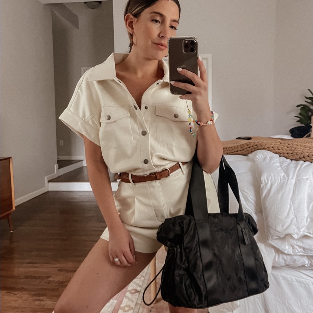 NEW NEW NEW CREAM FAUX LEATHER UTILITY ROMPER